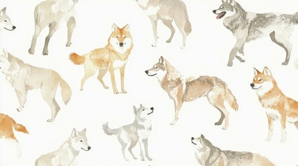 Watercolor Wolves on White Backdrop, Wildlife Animal Painting