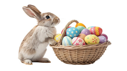 Cute Easter Bunny with Basket of Decorated Eggs – Isolated on Transparent Background