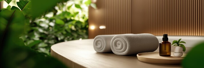 A serene spa setting featuring rolled towels, essential oils, and greenery, creating a calming and inviting atmosphere.