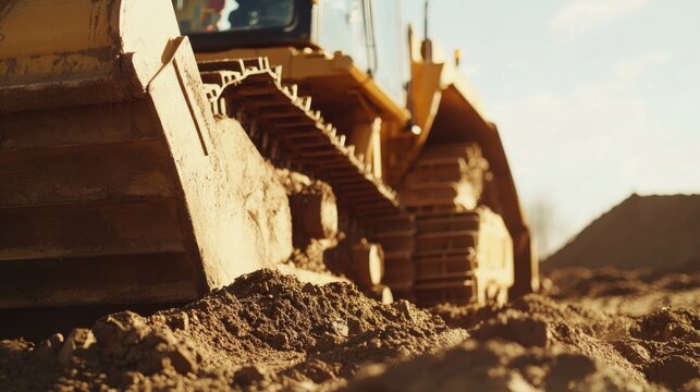 A construction site worker operating a bulldozer for grading work. Featuring heavy machinery and grading skills