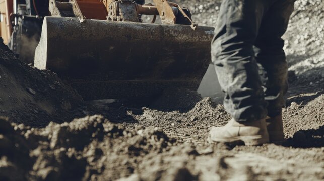 A construction site worker operating a bulldozer for site grading. Featuring heavy machinery operation and site preparation