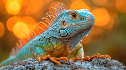 Obraz premium Vibrant Green Iguana Basking in Golden Hour