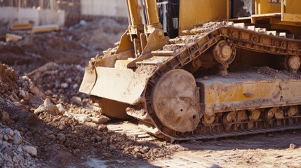 Fototapeta premium A construction site worker operating a bulldozer to clear debris. Featuring teamwork and efficiency