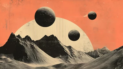 Fototapete Rund A surreal landscape of mountains and floating planets against a muted sunset. © Dawna
