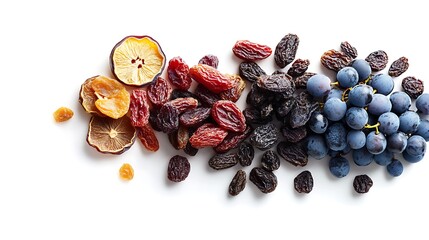 Obraz premium Colorful Assortment of Healthy Dried Fruits and Fresh Grapes on White Background