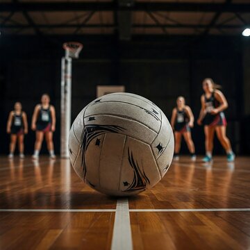 A netball rests on a court with silhouetted netball players in the background against a colorful sunset sky.