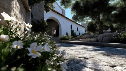 Naklejka premium Picturesque pathway leading to a charming white building, surrounded by lush greenery and flowering plants
