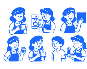 Fototapeta premium woman barista doodle cartoon drawing vector illustration set