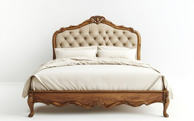 Elegant carved wooden bed with tufted headboard