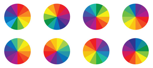 Color wheel set. color wheel chart. RGB and CMYK colors. Pie charts diagrams. Rainbow palette. Color wheel with 12 colors. Set of different color circles. Circular gradient spectrum