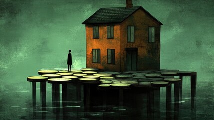 Solitary Figure Contemplating a House on Stilts in a Mysterious Foggy Landscape