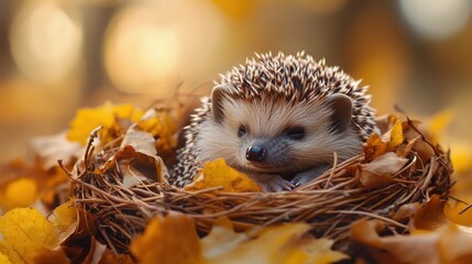 Obraz premium Adorable Hedgehog Snuggled in Autumn Leaves Nest