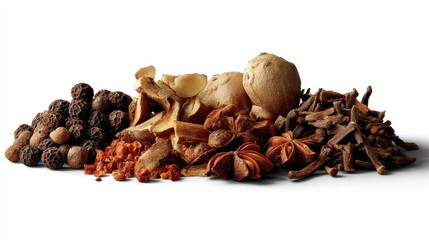 Obraz premium Lateral side view of China traditional spices, such as Sichuan peppercorns, Chinese cinnamon, dried ginger, and star anise, isolated on a white background to emphasize 