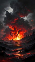 Fototapeta premium A fiery landscape with a volcano in the background. The sky is dark and ominous, and the lava is flowing down the side of the mountain. The scene is intense and dramatic, with a sense of danger