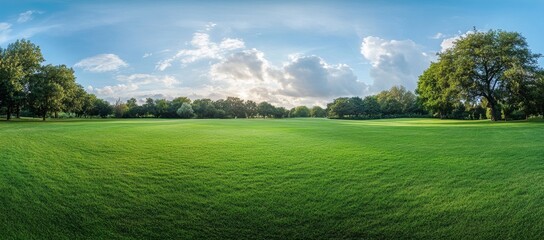 Obraz premium Expansive Lush Green Grass Field Under a Sunny Sky
