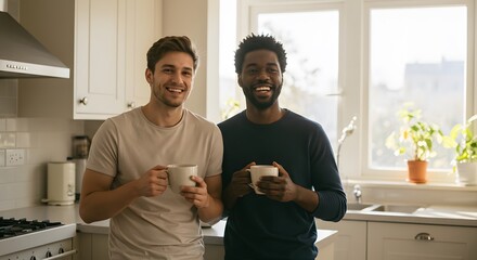 Couple smiling while drinking morning coffee in warm kitchen interior