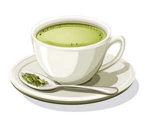 Serene Green Matcha Tea in White Cup with Spoon on Plate for Wellness and Relaxation