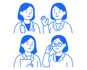 woman doctor doodle cartoon drawing vector illustration set