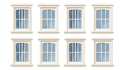 Obraz premium Classic white arched and rectangular windows on a light beige building facade.