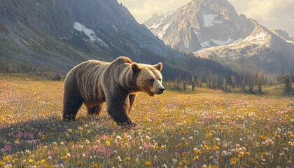 Majestic Grizzly Bear Roaming Through Wildflower Meadow with Mountain Backdrop
