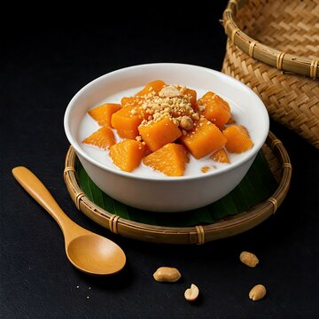 Vietnamese ch&egrave; khoai lang (sweet potato dessert) with tender sweet potato chunks in a creamy coconut milk base, garnished with peanuts, against a deep black background. A street food 