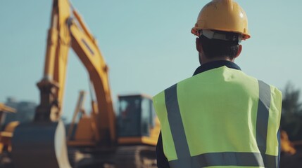 A construction site worker overseeing the placement of heavy equipment. Featuring leadership and responsibility