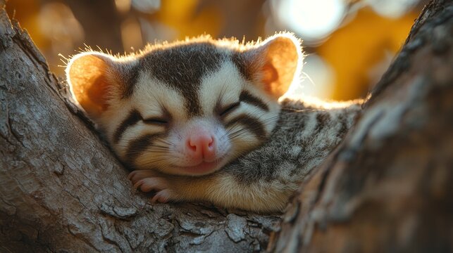Adorable Baby Linsang Sleeping on a Tree Branch