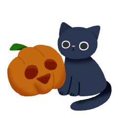ハロウィンのかぼちゃと黒猫のかわいい手描きカラーイラスト