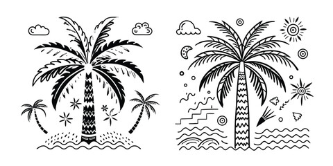 Palm Leaf Plates Design, black and white with coloring easter eggs silhouette under a tropical palm tree at sunset