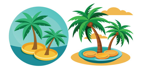 Palm Leaf Plates Design, black and white with coloring easter eggs silhouette under a tropical palm tree at sunset