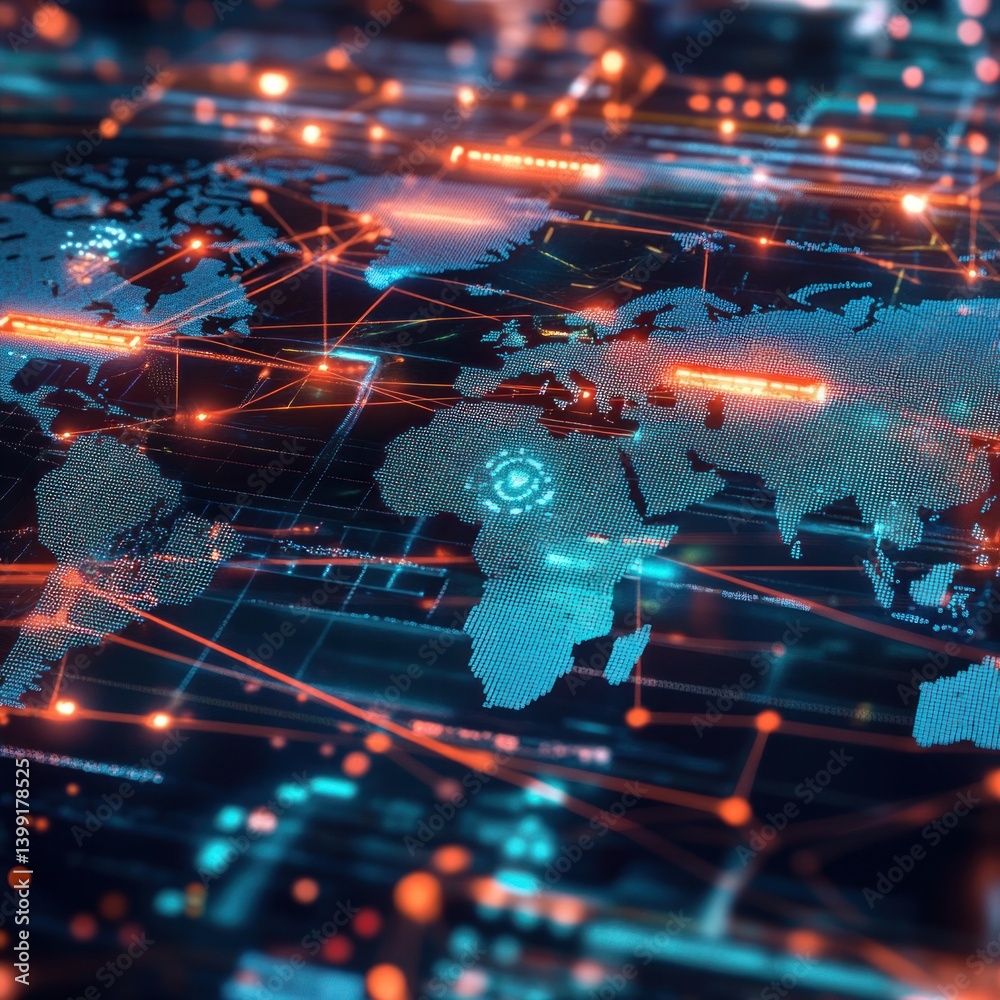 Poster global network visualization of interconnected digital data streams.
