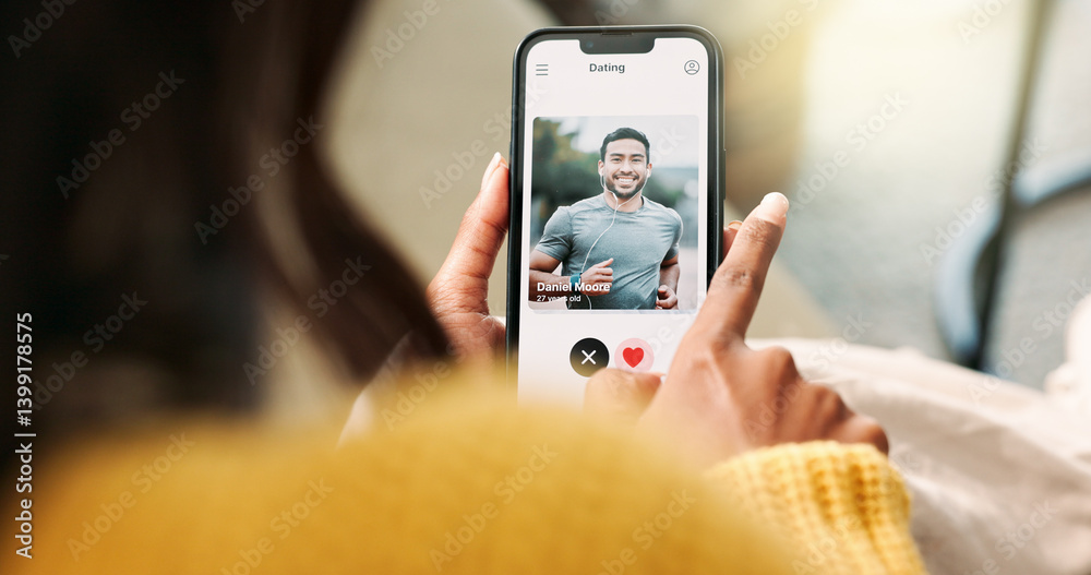 Poster hands, connection and phone screen in home for swipe, scroll and choice for love on sofa. female per