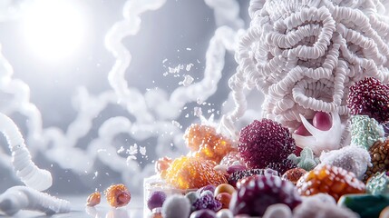 Abstract composition with clusters, shapes, colors, and bright highlights in soft lighting