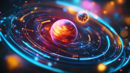 Obraz premium a hyper-detailed 3D rendering of a glowing solar system model, with futuristic neon planets 