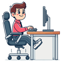 Cartoon Man Working At Desk with Computer Smiling and Happy