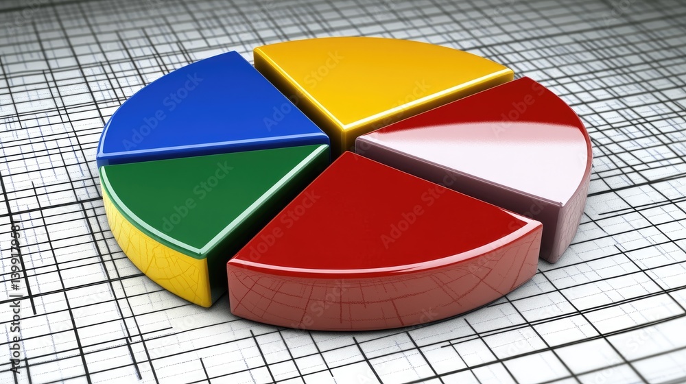 Poster a colorful d pie chart with floating, glossy segments, each representing different business metrics.