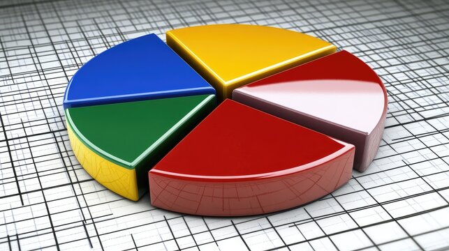 A colorful D pie chart with floating, glossy segments, each representing different business metrics. The chart hovers above a grid background with glowing data points.