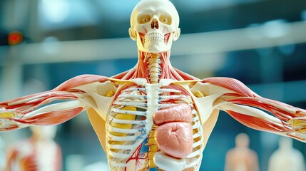 A detailed anatomical model of the human body displayed in a classroom setting, highlighting the various organs and systems, perfect for educational purposes.