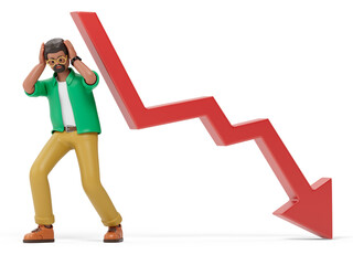 Man with a declining arrow, symbolizing loss or downturn in business. 3D rendering, conceptual image. Isolated on white background.