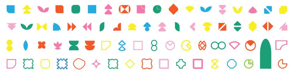 Set of colorful basic shapesBrutalist abstract geometric shapes and grids. star oval spiral flower and other primitive elements. Modern trendy minimalist basic figures, lines, circles, hexagon, stars