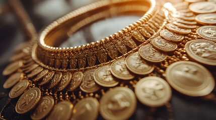 Golden bangles and coins close-up