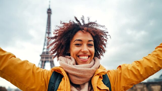 Smiling traveler joyfully poses before the Eiffel Tower, capturing happiness, adventure, and the excitement of urban exploration in Paris.

