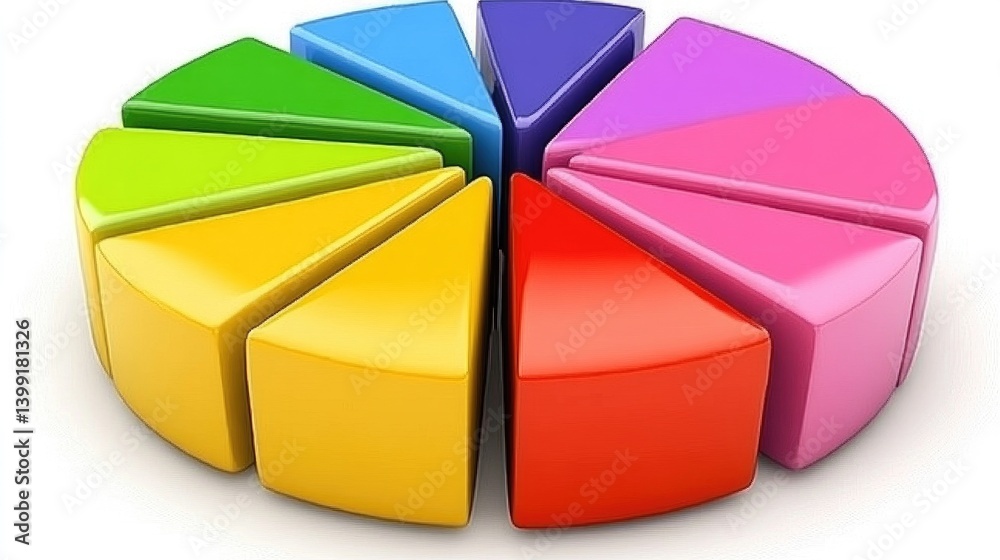 Poster a rotating d pie chart with bold colors and segmented slices, representing different market shares. 
