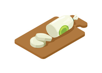 Tofu slice in plastic wrap on cutting board. Simple flat illustration in isometric view.
