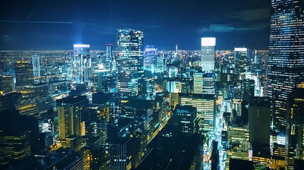 Futuristic city with glowing digital data overlay, illuminating modern architecture - Powered by Adobe