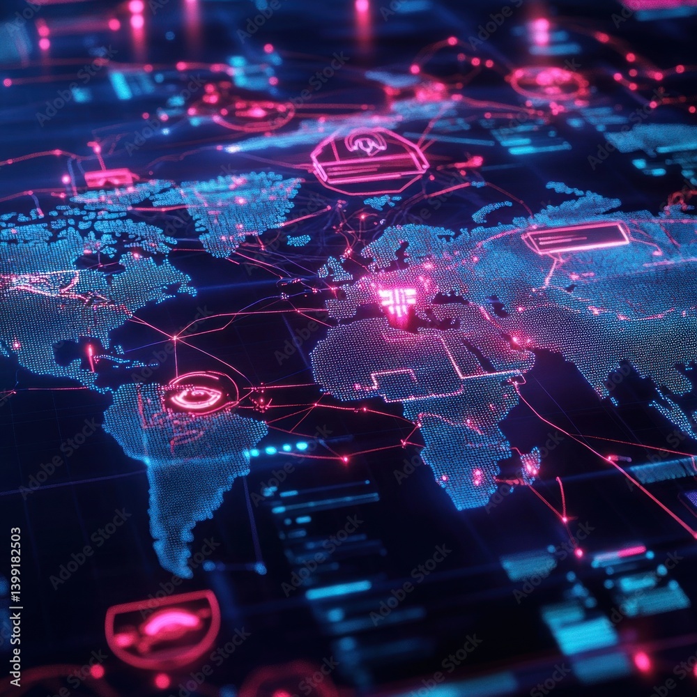 Poster Global network security visualization of worldwide interconnected data flows.