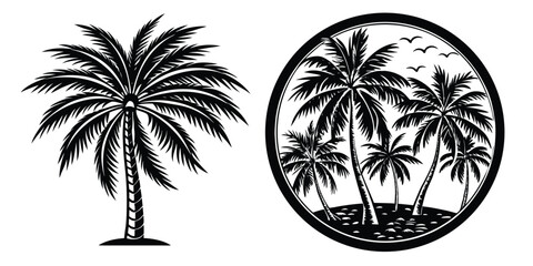 Palm Leaf Plates Design, black and white with coloring easter eggs silhouette under a tropical palm tree at sunset
