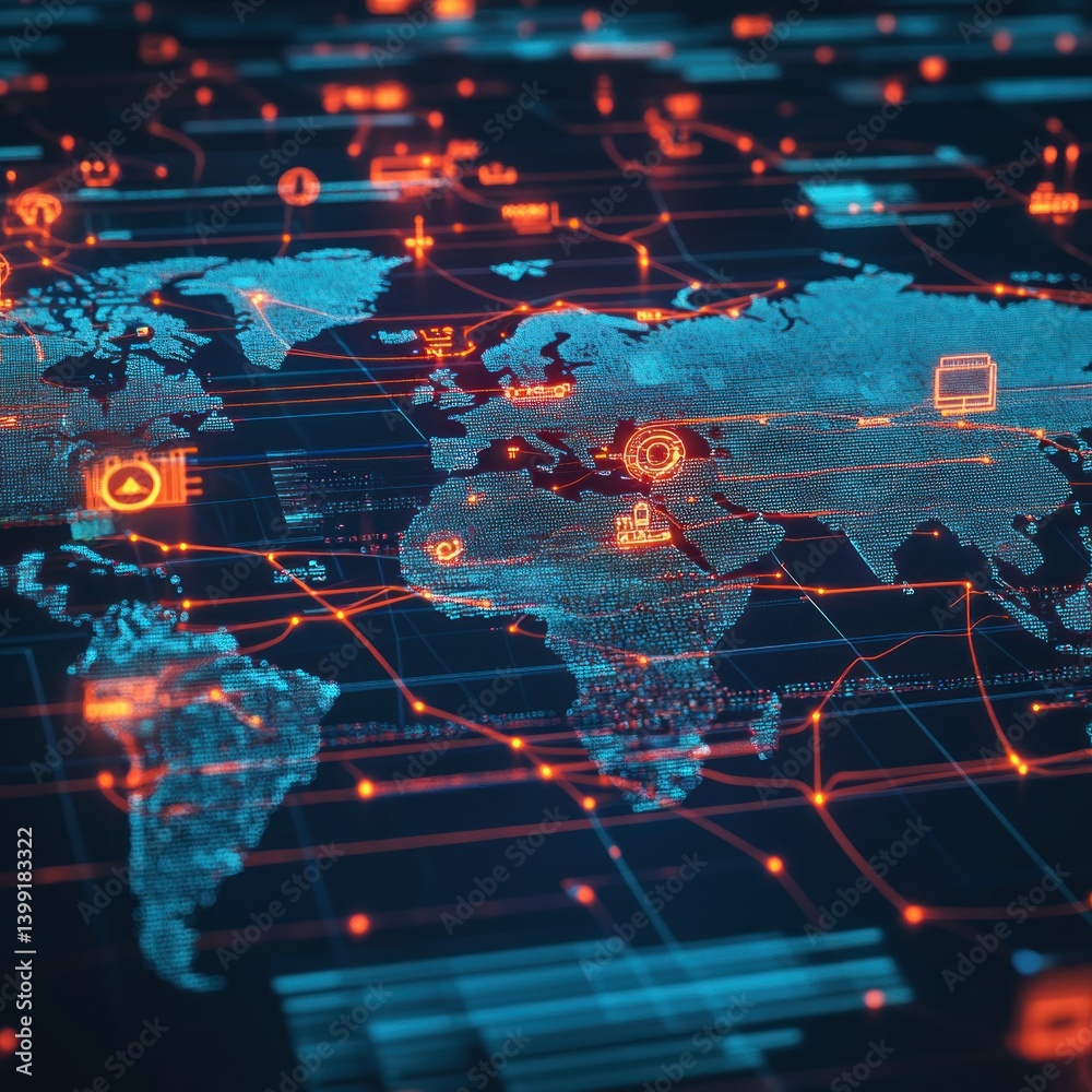Poster a global network of interconnected data points visualized on a world map.