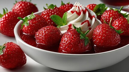 A refreshing bowl of strawberries topped with rich whipped cream, with droplets of water on the berries, set against a minimal white background to showcase the freshness.