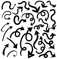 Hand drawn black arrow illustration vector icon set. Arrow symbol design. Circular arrow, rotating arrow and arrow for reprocess sign.